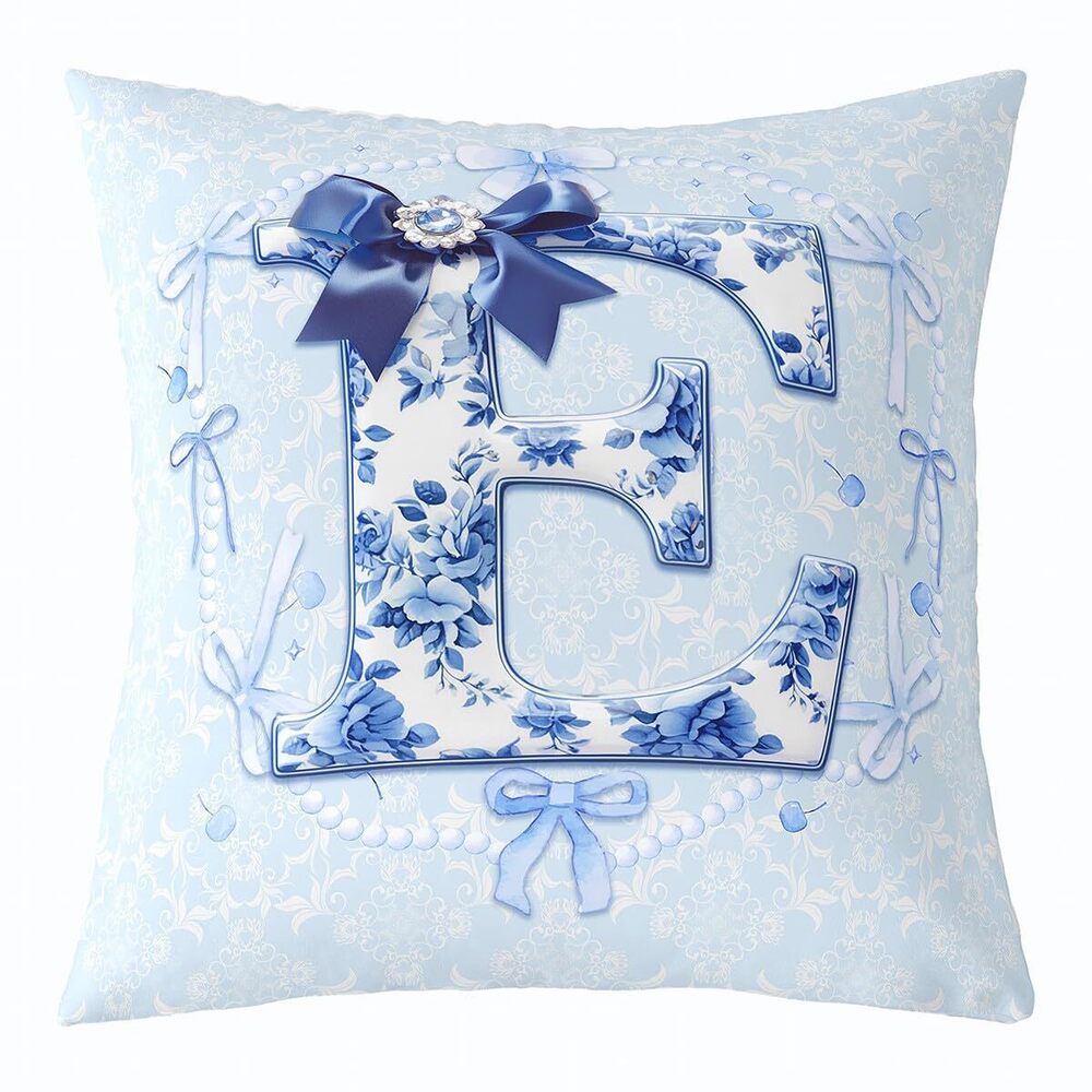 3263 Blue Floral Bow Throw Pillow Cover 3D Coquette Initial E Decor